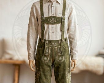 Pantaloncini da uomo in pelle verde (Lederhosen) - Abito bavarese per l'Oktoberfest - Pantaloncini in pelle tedeschi (Trachten) con bretelle