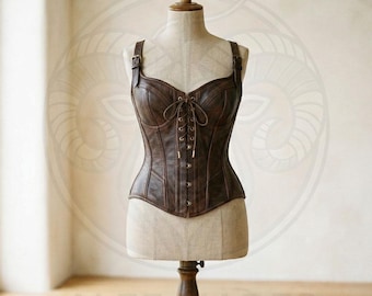 Women’s Brown Leather Corset Top – Vintage Lace-Up Bustier - Adjustable Strap Steampunk Waist Cincher