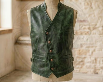 Chaleco verde bosque, chaleco de cuero genuino hecho a mano, estilo aventurero steampunk, moda gótica personalizada.