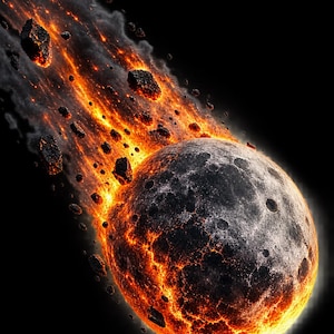 Puede incluir: Un cuerpo celeste esférico con una superficie gris llena de cráteres y fisuras de color naranja brillante, que deja un rastro de humo oscuro y fragmentos de roca en llamas sobre un fondo negro, representando un meteoro en vuelo.