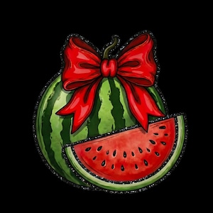 May include: An illustration of a green watermelon with dark green stripes, topped with a red bow. A slice of watermelon shows red flesh and black seeds. The image has a black glitter outline.