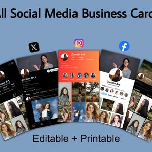 May include: A collection of social media business cards featuring various platform logos, including TikTok, X, Instagram, Facebook, and Snapchat. Each card showcases a profile with the name "Zunain Art" and the text "Editable + Printable". The background is a light blue.