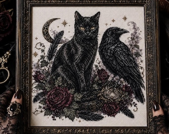Gothic schwarze Katze Rabe Kreuzstich Muster Halloween Witchy Crow Mond Rose Chart Dark Academia Digitaler Download Goth Instant Download