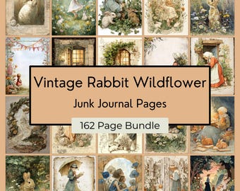 Vintage Kaninchen Wildblumen Junk Journal Seite Cottagecore Bunny Ephemera Printable Kit Wald Blumen Papiere Floral Scrapbook 162 Seiten Bundle