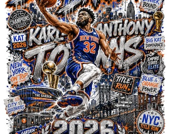 Karl Antonius Towns New York Basketball 2026 Meister PNG Streetwear Digitaler Download Retro Blau Orange Cup DTF Sublimationsdesign