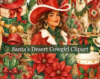 Santa’s Desert Cowgirl Clipart Bundle 100 Aquarell Western Weihnachten PNG Dateien Weihnachten Sublimation Rodeo Santa Claus Noel Urlaub