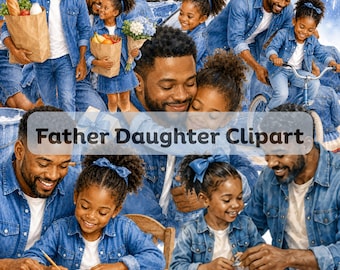 Schwarz Vaterschaft Clipart Afroamerikaner Papa Tochter Aquarell Denim Familienleben PNG Vatertag Junteenth Back to School Art Set von 56