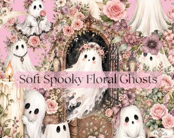 Weiches gruseliges Blumengeist-Clipart-Bundle, 100 Pastell-Halloween-Geist PNG, Aquarell Rosengeist-Clip Art, kommerzielle Nutzung stationäre Grafiken