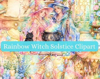 Regenbogen Hexe Sonnenwende Clipart-Bundle, 100 Pastell Hexe PNG, Aquarell Magie Clip Art, Himmlischer Zauberer, Kristalltrank, kommerzielle Nutzung