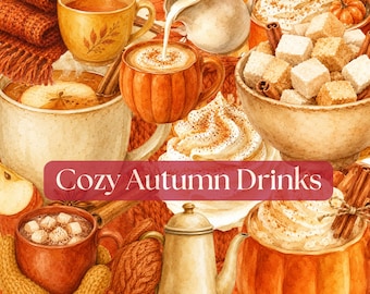 Gemütliche Herbst Getränke Clipart Bundle Herbst Kaffee Kürbis Gewürz Latte Clipart Aquarell Tee Kakao Aquarell kommerzielle Nutzung PNG 100 Dateien