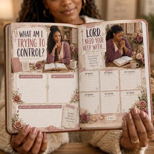 Puede incluir: Un diario de oración abierto con motivos florales y texto. La página izquierda pregunta, What am I trying to control? con espacios para escribir. La página derecha incluye el texto, Lord, I need your help with, y secciones para corazón, familia, finanzas, salud, futuro y fe.