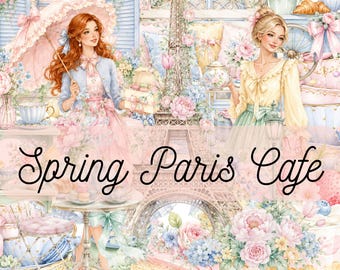 Frühling Paris Cafe Aquarell Clipart, feminine Paris Bild Bundle, Macaron Croissant Blumen Clip Art Cottagecore Kommerzielle Nutzung 80 PNG-Dateien