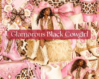 Black Glam Cowgirl Clipart Bundle 100 Pink Leopard Western Aquarell PNG Melanin Western Rodeo 300 DPI Digital Download Set mit 100 Grafiken