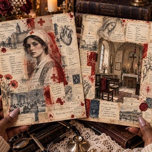 Pode incluir: Duas folhas de papel retangulares com uma colagem de temática médica vintage. A folha esquerda exibe um retrato de enfermeiro, um coração anatômico e texto hospitalar. A direita mostra o interior de uma capela e registros médicos.