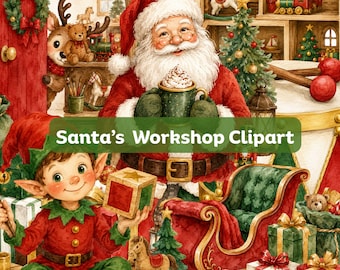 Santa’s Workshop Clipart Bundle Weihnachten Aquarell Elf Sublimation St. Nick Weihnachtsmann Elf Urlaub Spielzeug Shop Clipart 300 DPI 100 PNG-Dateien