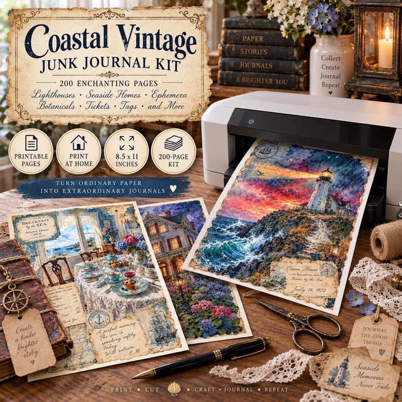 Coastal Gothic Junk Journal Kit, 200 Printable Pages, Vintage Maine ...