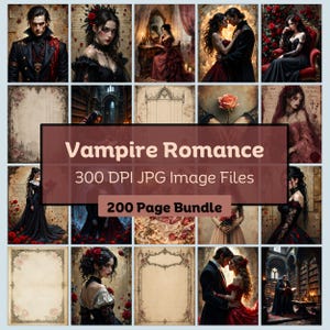 May include: A collection of digital art images with a vampire romance theme. The images feature gothic characters, couples, and decorative backgrounds. The text on the image reads "Vampire Romance 300 DPI JPG Image Files 200 Page Bundle."