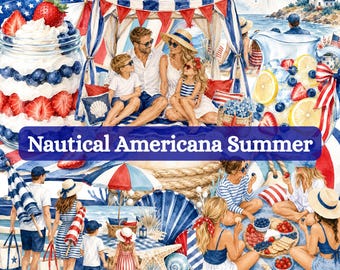 Nautical Americana Sommer Clipart Bundle - 200 Aquarell PNG Vaterländischer 4. Juli Alle amerikanischen USA Flagge Sommer Strandparty Digitaler Download