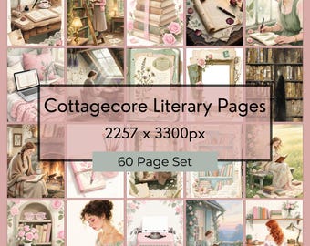 Cottagecore Literary Junk Journal Seiten Vintage Buch & Schreiben Ephemera Printable Kit Romantische Lesung Ästhetische Blumen Scrapbook 60 Seiten