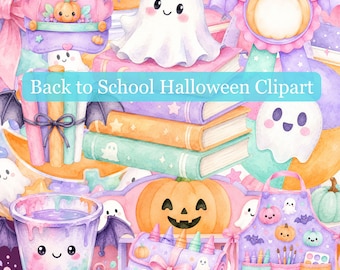 Pastell Back to School Halloween Clipart Bundle 100 Süß Aquarell Kawaii Spooky PNG Elemente Geister Kürbis Klassenzimmer Dekoration Stationär