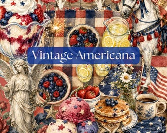 Vintage 4. Juli Clipart Bundle, 200 Vaterländische PNG-Dateien, Aquarell Americana Clip Art, USA Flagge, kommerzielle Nutzung digitaler Download