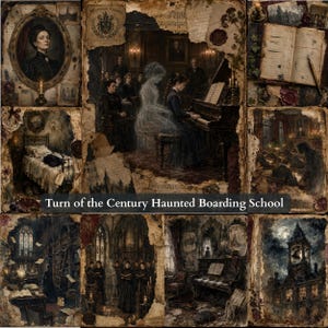 May include: A collage of dark, gothic-style illustrations depicting a haunted boarding school, featuring a ghostly figure playing the piano, a portrait of a person, an open book, and a clock tower, with the text Turn of the Century Haunted Boarding School.