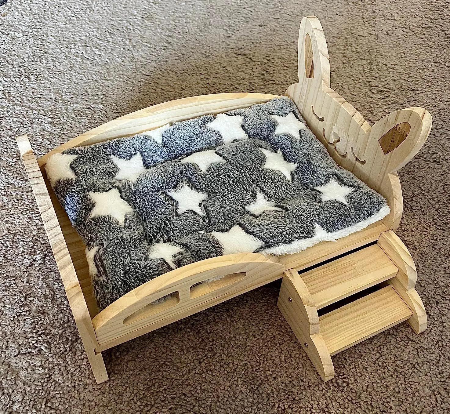 Wooden Small Pet Bed with Stairs & Mat, Cozy Animal Hut for Rabbit