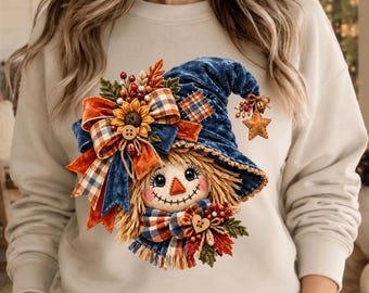 Scarecrow PNG, Cute Fall PNG, Coquette Bow Scarecrow, Patchwork Fall PNG, Autumn Sublimation Design, Fall Shirt Digital Download