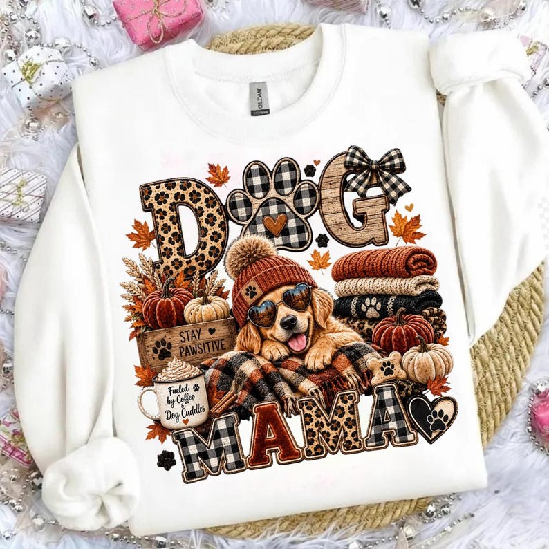 Puede incluir: Una sudadera blanca de manga larga con un gr&aacute;fico de un golden retriever con gorro y gafas de sol en forma de coraz&oacute;n, rodeado de calabazas, mantas de cuadros y caf&eacute;. El texto dice "DOG MAMA", "STAY PAWSITIVE" y "Fueled by Coffee and Dog Cuddles".