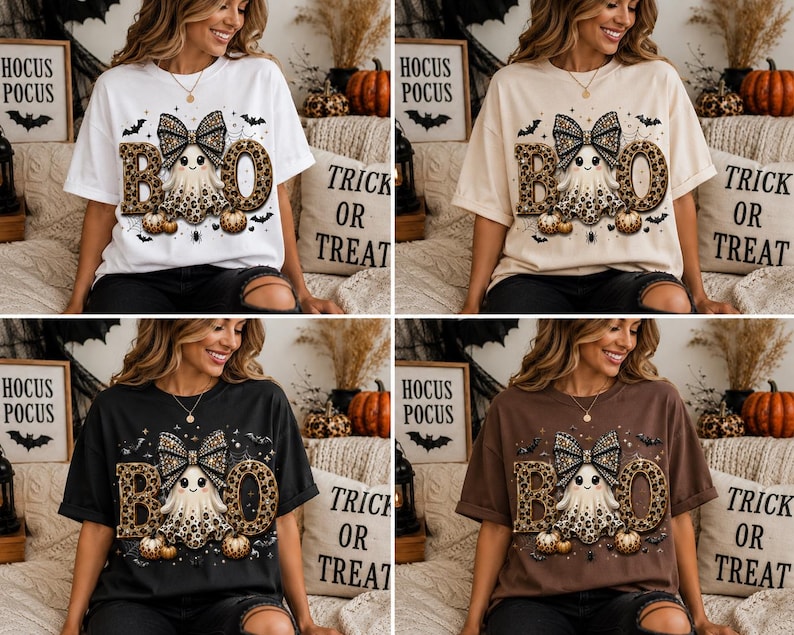 Op de afbeelding: Een collectie van vier T-shirts met korte mouwen in wit, beige, zwart en bruin. Elk shirt heeft een afbeelding van een geest met een strik met luipaardprint, omringd door het woord BOO in luipaardletters, kleine pompoenen en vleermuizen.