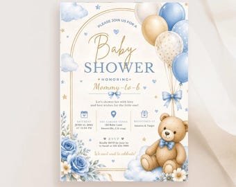 Plantilla editable de invitación para baby shower, invitación para baby shower con osito de peluche azul, plantilla de Canva para baby shower, invitación imprimible para baby shower,