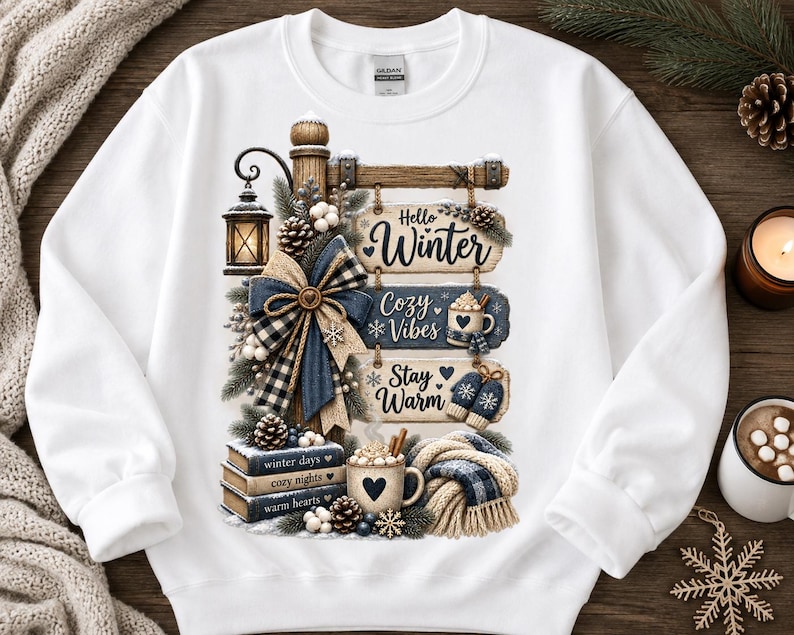 May include: A white crewneck sweatshirt featuring a graphic print of a wooden signpost with three hanging boards that read Hello Winter, Cozy Vibes, and Stay Warm. The design includes a lantern, a plaid bow, pinecones, books, and a mug of cocoa.