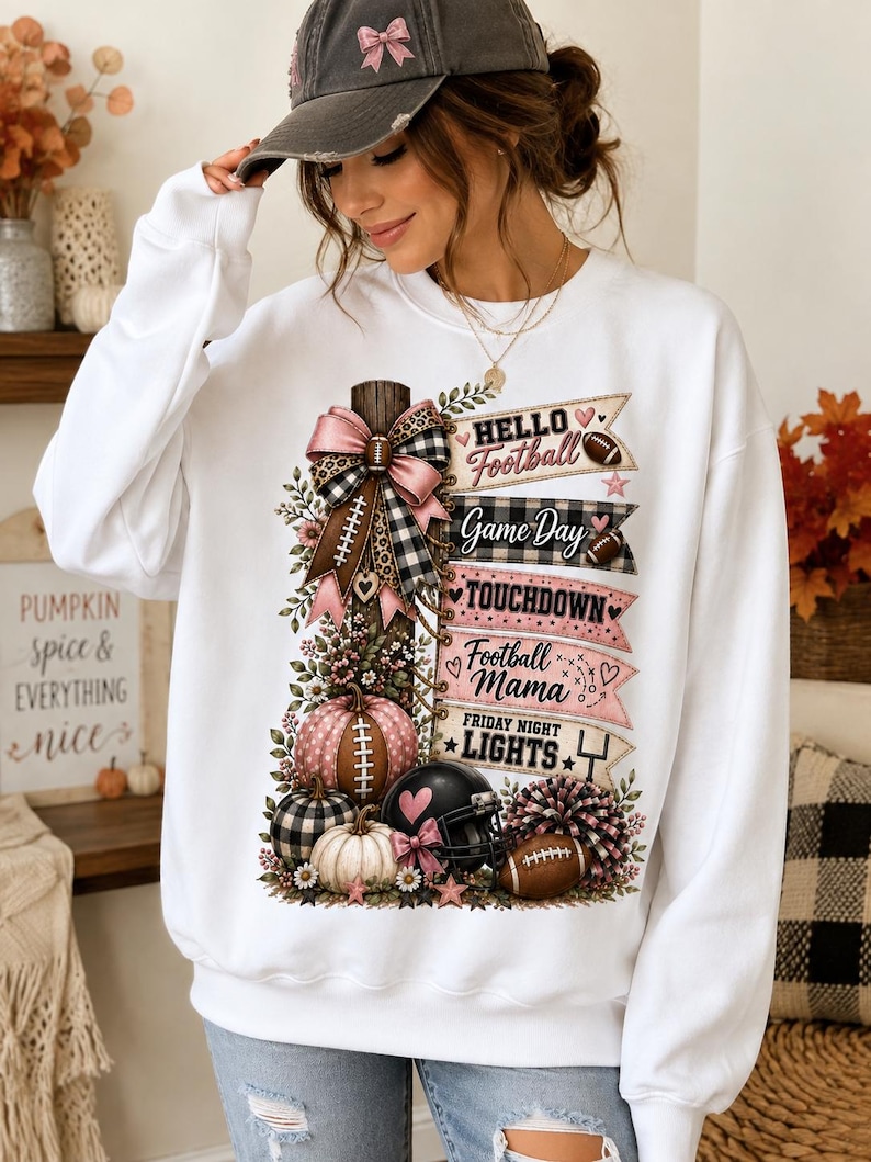May include: A white long-sleeve sweatshirt featuring a graphic print of a wooden post decorated with pink and black plaid bows, pumpkins, a football helmet, and a pom-pom. The text reads Hello Football, Game Day, TOUCHDOWN, Football Mama, and FRIDAY NIGHT LIGHTS.