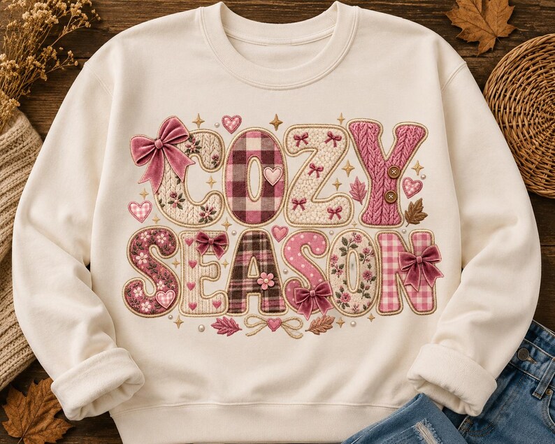 May include: A cream-coloured crewneck sweatshirt featuring the text COZY SEASON in large, decorative letters. The letters are filled with various patterns including plaid, floral, and cable knit textures, accented with pink bows, hearts, and stars.