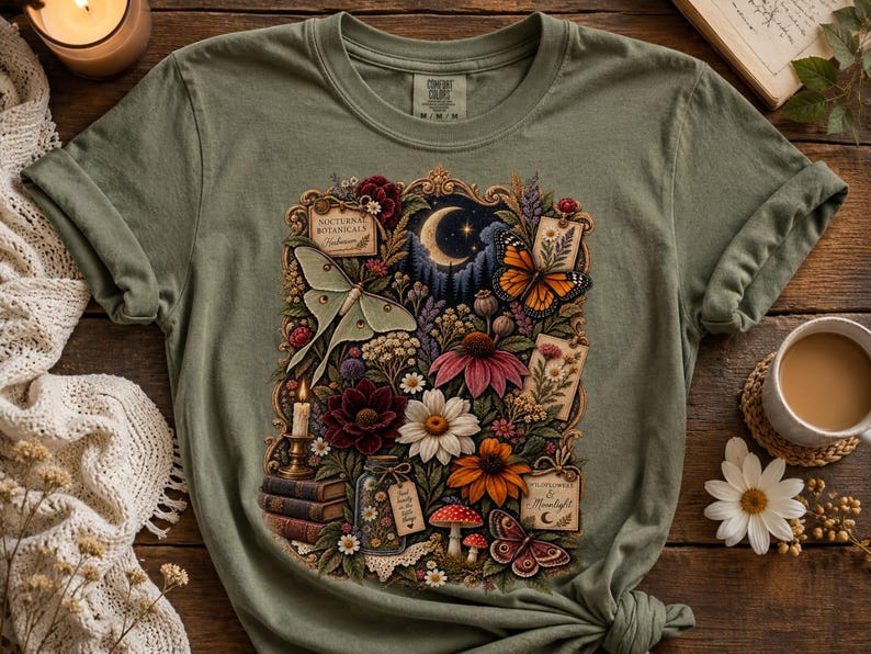 May include: An olive green t-shirt featuring a central graphic print of a crescent moon, a luna moth, a monarch butterfly, various colorful flowers, mushrooms, a stack of books, a lit candle, and small rectangular labels with text.