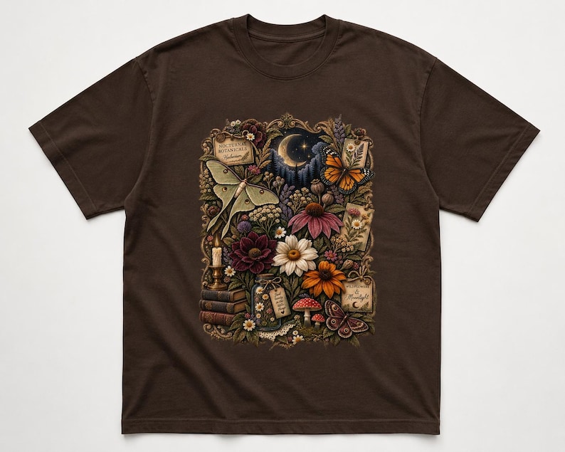 May include: A dark brown short-sleeve t-shirt featuring a central graphic of a moonlit garden scene with a luna moth, monarch butterfly, various colorful flowers, stacked books, a candle, mushrooms, and small rectangular labels with text.