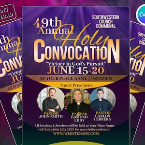 May include: A purple flyer for the 49th Annual Holy Convocation, with gold text and the theme "Victory in God's Pursuit." It includes the dates June 15-20, the time 7:00 PM, and features three guest preachers. The flyer has the text "Instant Download."