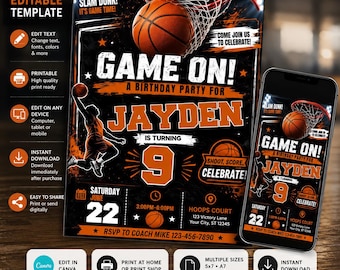 Plantilla de invitación de cumpleaños de baloncesto, invitación editable para fiesta de baloncesto, invitación de cumpleaños deportiva, póster de cumpleaños de baloncesto