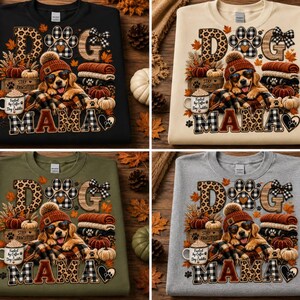 Puede incluir: Una sudadera de cuello redondo con un gr&aacute;fico de un golden retriever con gorro y gafas de sol, rodeado de calabazas, una taza de caf&eacute; con la etiqueta 'Fueled by Coffee and Dog Cuddles' y el texto 'DOG MAMA' con una huella y detalles a cuadros.
