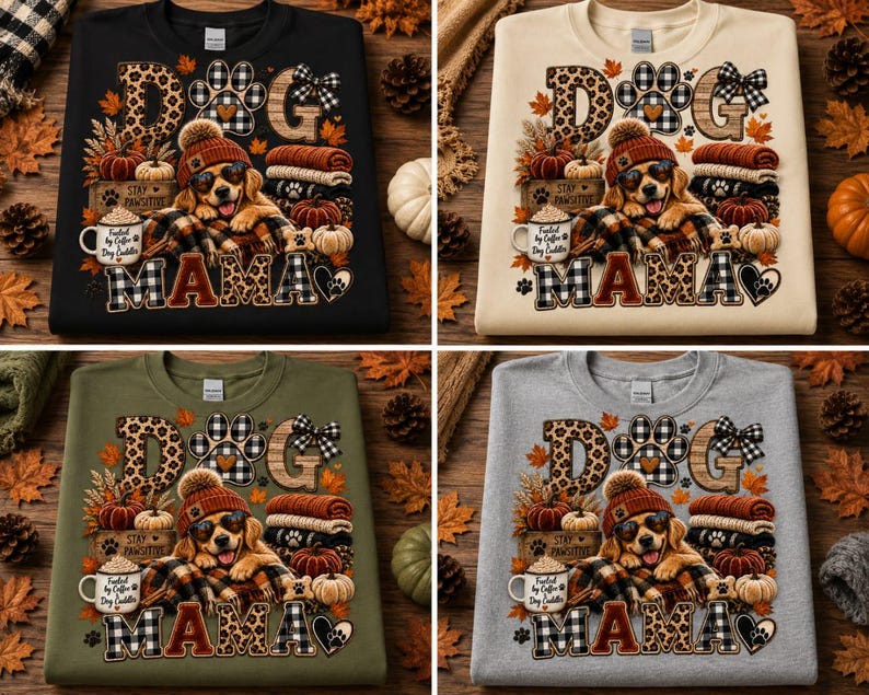 Puede incluir: Una sudadera de cuello redondo con un gr&aacute;fico de un golden retriever con gorro y gafas de sol, rodeado de calabazas, una taza de caf&eacute; con la etiqueta 'Fueled by Coffee and Dog Cuddles' y el texto 'DOG MAMA' con una huella y detalles a cuadros.