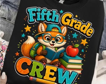 PNG de grupo de quinto grado, lindo diseño de camiseta de regreso a clases con zorro, gráfico de camiseta para estudiantes y maestros de quinto grado, PNG de sublimación de grupo escolar, descarga digital