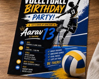 Invitación de cumpleaños de voleibol, invitación para fiesta de voleibol, plantilla editable de invitación de cumpleaños deportiva de voleibol, fiesta de voleibol para adolescentes
