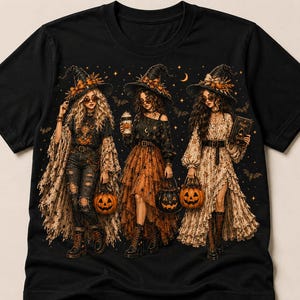 Halloween-Sweatshirt „Hexen-Truppe“ (PNG), Boho-Hexen-Mädchen-Sublimationsdesign, Trendige, kokette Halloween-Grafik, Grusel-Shirt, Herbst-Hexen-Look
