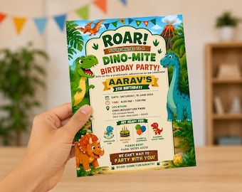 Plantilla de invitación de cumpleaños de dinosaurio, invitación editable para fiesta de cumpleaños de dinosaurio, invitación de cumpleaños con rugido, tarjeta de invitación para fiesta de dinosaurios,