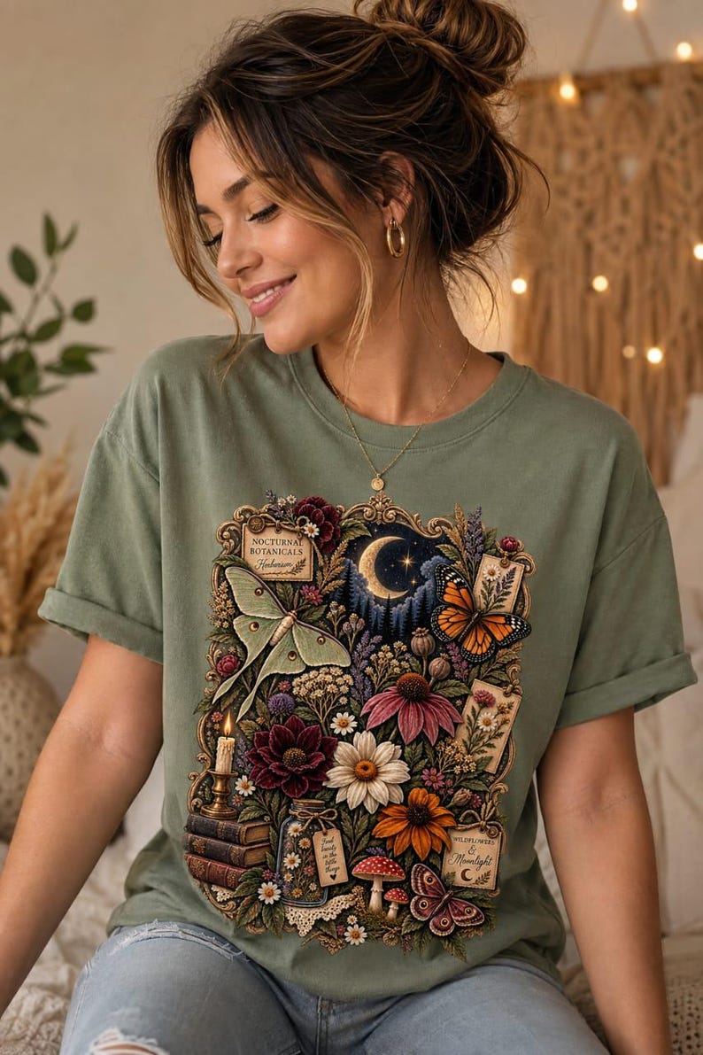 May include: An olive green t-shirt featuring a detailed graphic print of nocturnal botanicals, including a crescent moon, a moth, a butterfly, various colorful flowers, a lit candle, stacked books, and small labels with text.
