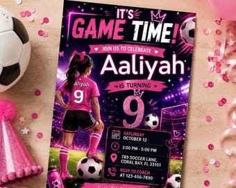 Invitación de cumpleaños para niña futbolista, rosa neón y morado, ¡Es hora de jugar! Invitación a fiesta, ¡Vamos a patear! Acuarela, Deportes, Balón de fútbol, Adolescente, Plantilla de Canva