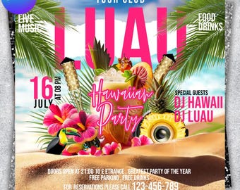 Plantilla de folleto para fiesta hawaiana Luau, invitación tropical editable, póster para fiesta de verano en la playa Aloha, invitación Tiki Luau, descarga de plantilla de Canva