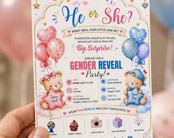 Plantilla de invitación para revelación de género, invitación para fiesta de revelación de género (niño o niña), invitación para baby shower en rosa y azul, imprimible y editable.