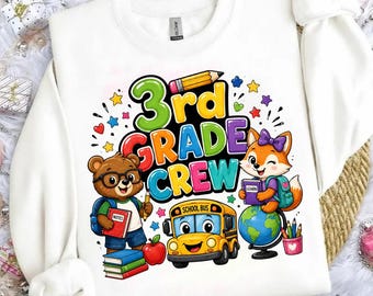 PNG de equipo de tercer grado, diseño de camiseta de regreso a clases, PNG de estudiante de tercer grado, lindo gráfico escolar de oso y zorro, sublimación escolar para niños.