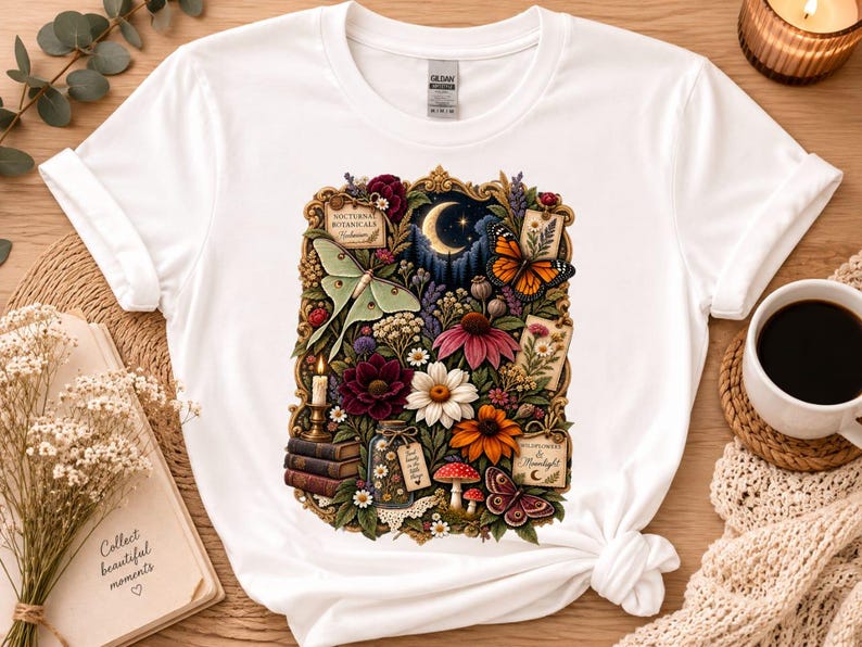 May include: A white short-sleeve t-shirt featuring a central graphic print of a gold ornate frame containing a crescent moon, a pale green moth, a monarch butterfly, various colorful flowers, mushrooms, stacked books, and a candle.